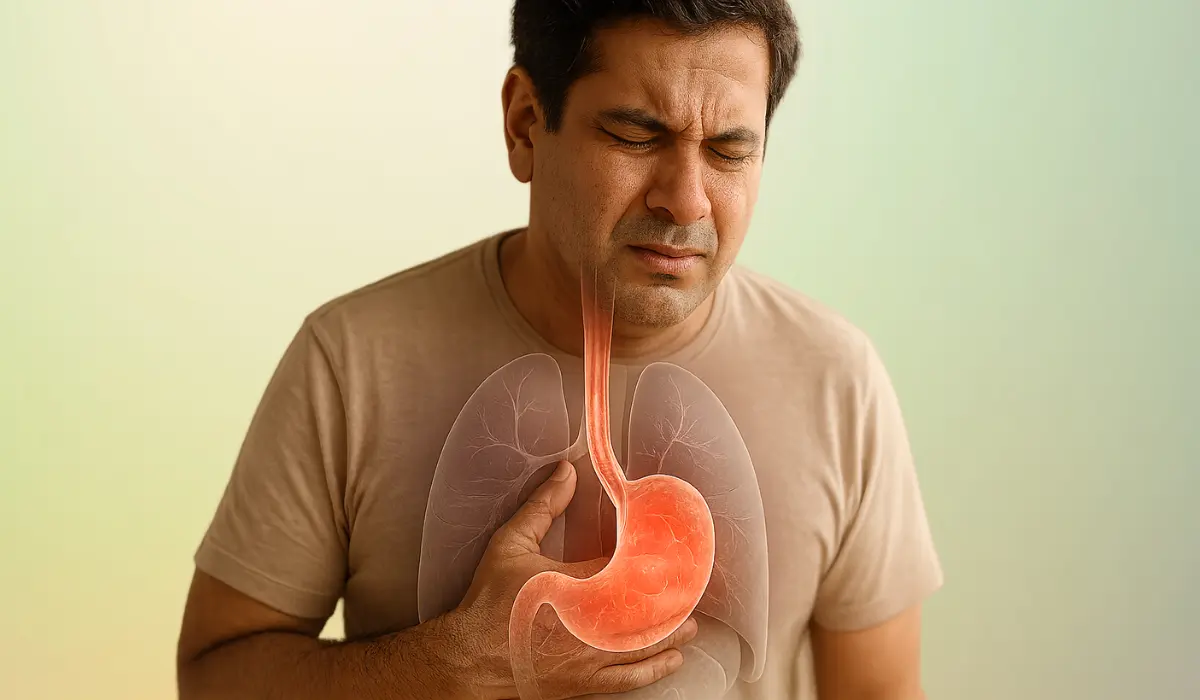 सीने में जलन और एसिड रिफ्लक्स से परेशान, GERD (गैस्ट्रोएसोफेगल रिफ्लक्स डिजीज) के लक्षणों को दर्शाता हुआ।