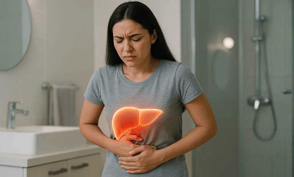 Woman clutching her abdomen in pain with an illustrated glowing liver overlay, indicating liver disease symptoms.
