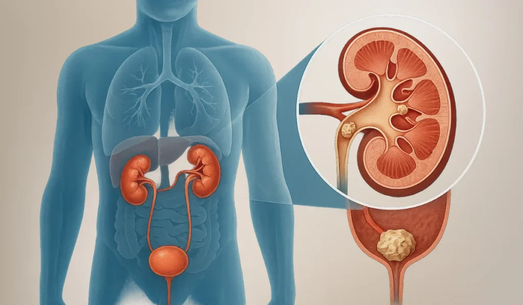 मानव मूत्र प्रणाली में पथरी की समस्या को दर्शाता चिकित्सा चित्रण, जिसमें किडनी, मूत्रनली और मूत्राशय में पथरी बनना स्पष्ट रूप से दिखाया गया है – पथरी के लक्षण और उपचार जानकारी के लिए उपयुक्त शैक्षणिक चित्र।