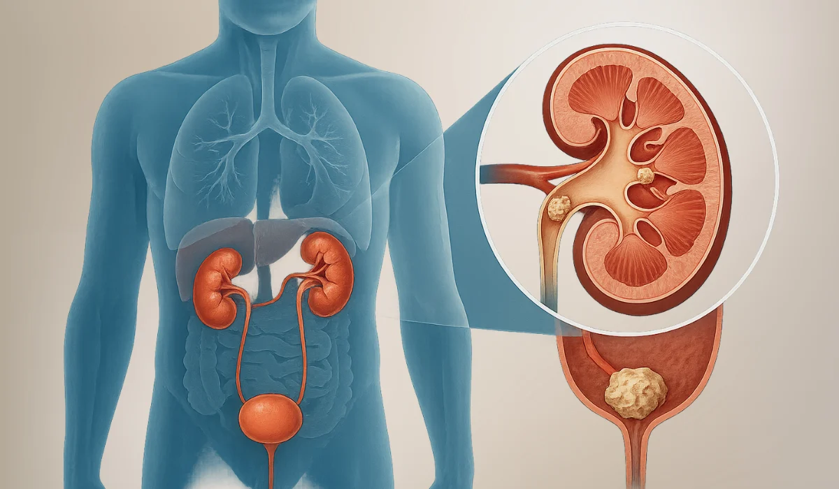 मानव मूत्र प्रणाली में पथरी की समस्या को दर्शाता चिकित्सा चित्रण, जिसमें किडनी, मूत्रनली और मूत्राशय में पथरी बनना स्पष्ट रूप से दिखाया गया है – पथरी के लक्षण और उपचार जानकारी के लिए उपयुक्त शैक्षणिक चित्र।