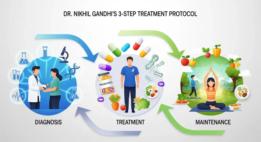 Dr. Nikhil Gandhi’s 3-step treatment protocol infographic showing diagnosis with doctor consultation, treatment with medicines, probiotics, and healthy food, followed by maintenance through diet, exercise, and yoga.