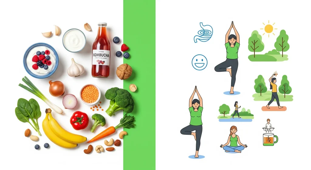 Colorful gut-friendly foods like yogurt, kombucha, fruits, vegetables, nuts, and lentils with illustrations of yoga, meditation, walking, and outdoor activities showing the gut-brain connection and holistic wellness.