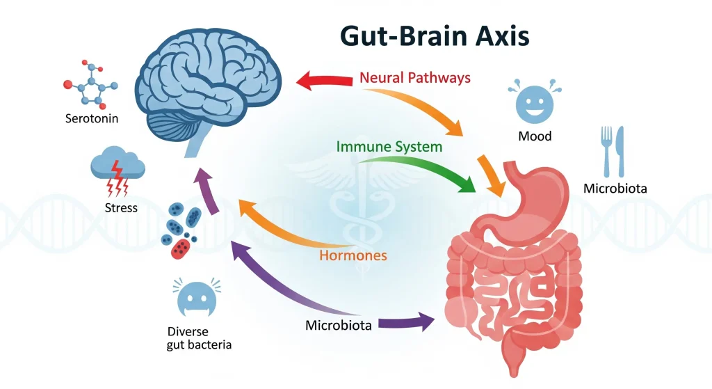 Illustration of the gut-brain axis showing the connection between gut microbiota, brain, mood, stress, serotonin, and immune system through neural pathways, hormones, and diverse gut bacteria.