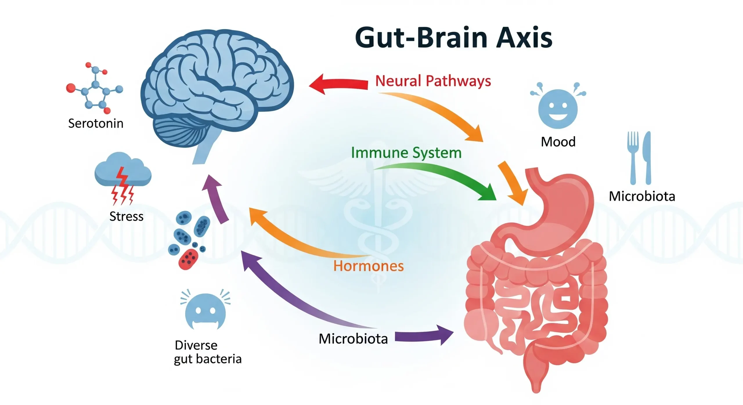Illustration of the gut-brain axis showing the connection between gut microbiota, brain, mood, stress, serotonin, and immune system through neural pathways, hormones, and diverse gut bacteria.