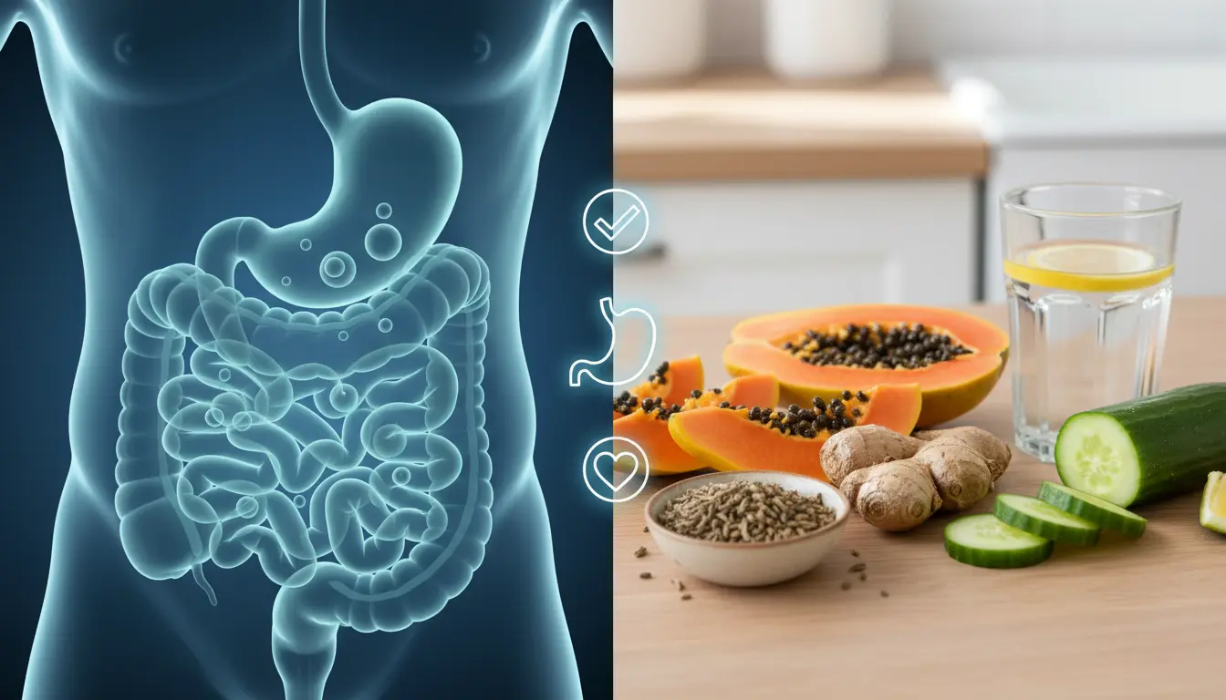 पेट क्यों फूलता है इसका कारण दिखाता डाइजेस्टिव सिस्टम का मेडिकल इलस्ट्रेशन और गैस की समस्या के लिए प्राकृतिक उपचार