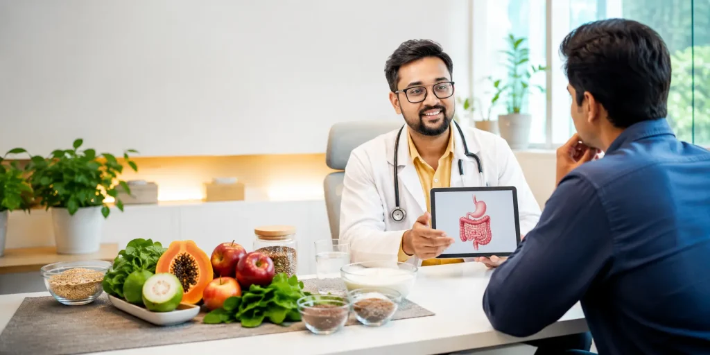 Gastroenterologist explaining constipation treatment with high-fiber foods during a patient consultation