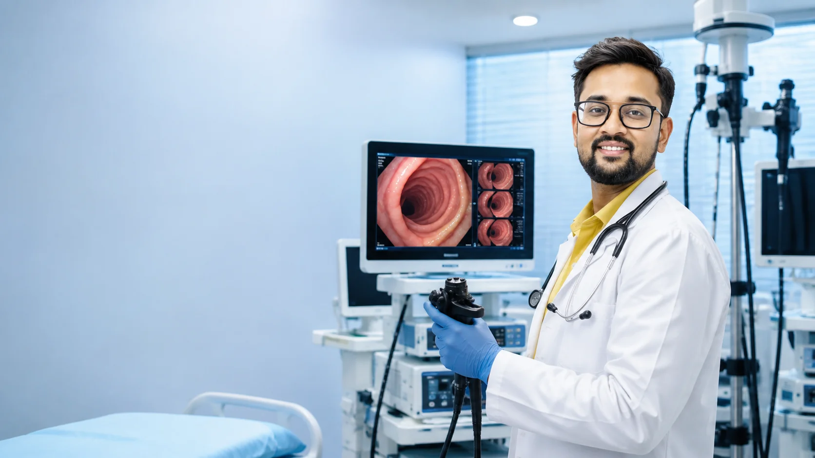 Endoscopy and Colonoscopy procedure with a gastroenterologist in Bikaner reviewing digestive tract images on a medical monitor